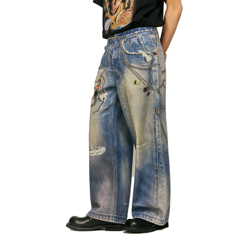 HEZ Men‘s Cool Printied Baggy Denim pants Realistic Design Jeans