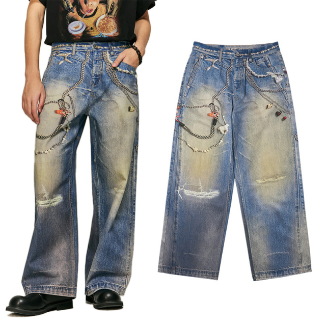 HEZ Men‘s Cool Printied Baggy Denim pants Realistic Design Jeans