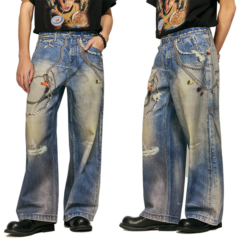 HEZ Men‘s Cool Printied Baggy Denim pants Realistic Design Jeans