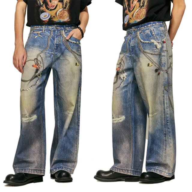 HEZ Men‘s Cool Printied Baggy Denim pants Realistic Design Jeans