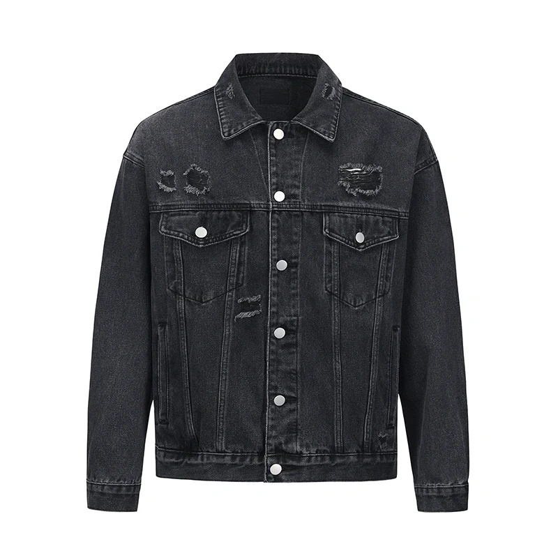 HEZ Fashion washed distressed destroy ripped vintage denim jacket custom jeans jacket men's black jackets