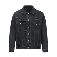HEZ Fashion washed distressed destroy ripped vintage denim jacket custom jeans jacket men's black jackets