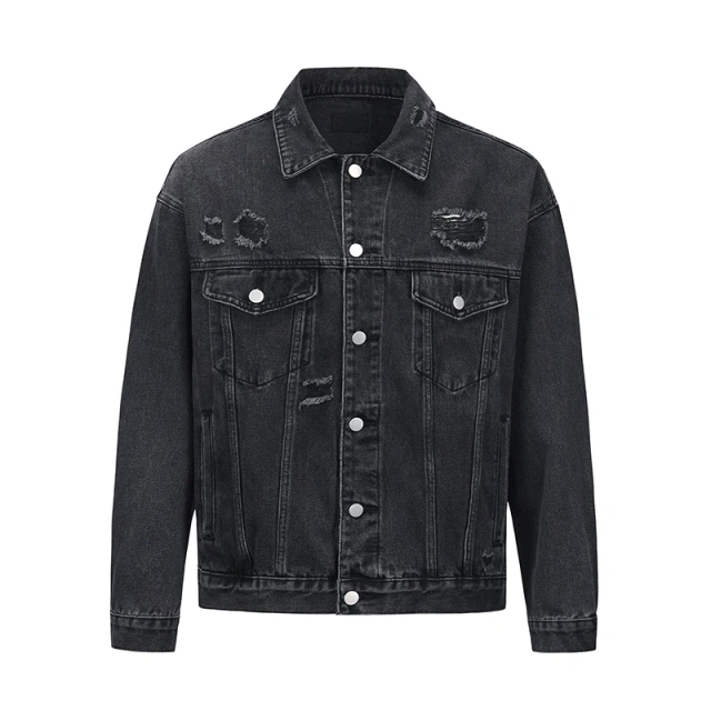 HEZ Fashion washed distressed destroy ripped vintage denim jacket custom jeans jacket men's black jackets