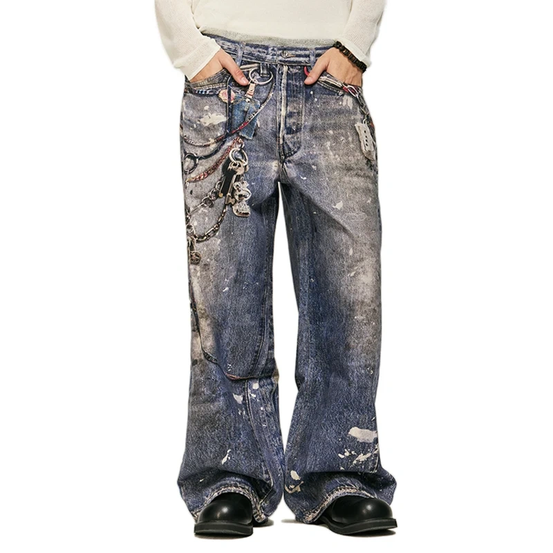 HEZ Custom designer baggy wide leg denim pants cool transfer digital 3D full printed keychain trompe l'oeil denim jeans