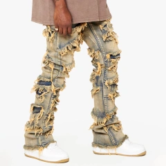 HEZ Hip Hop Streetwear Vintage Raw Edge Distressed Denim Flare Jeans for Men