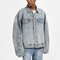 HEZ Custom oversized men's cropped jeans jacket men streetwear vintage washed jeans denim jacket