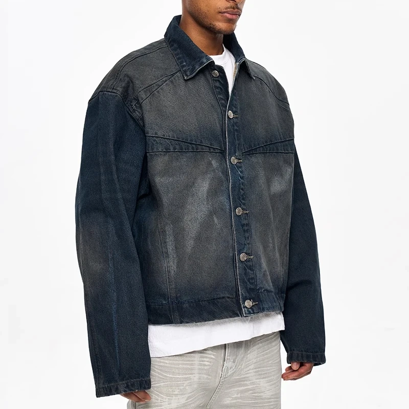 HEZ Custom Hand Brushed Vintage Washed Cropped Denim Jacket for Men