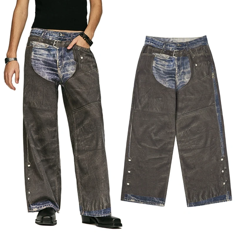 HEZ OEM&ODM wholesale cool transfer trompe l'oeil graphic digital printed denim jeans loose baggy denim wide leg jeans men