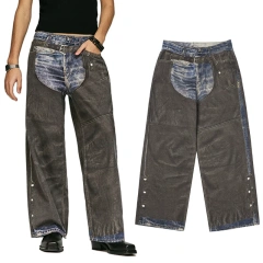 HEZ OEM&ODM wholesale cool transfer trompe l'oeil graphic digital printed denim jeans loose baggy denim wide leg jeans men