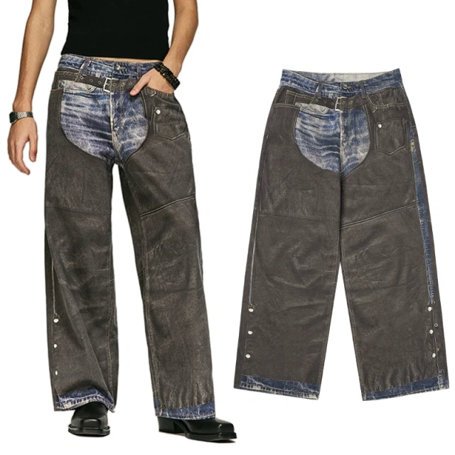 HEZ OEM&ODM wholesale cool transfer trompe l'oeil graphic digital printed denim jeans loose baggy denim wide leg jeans men
