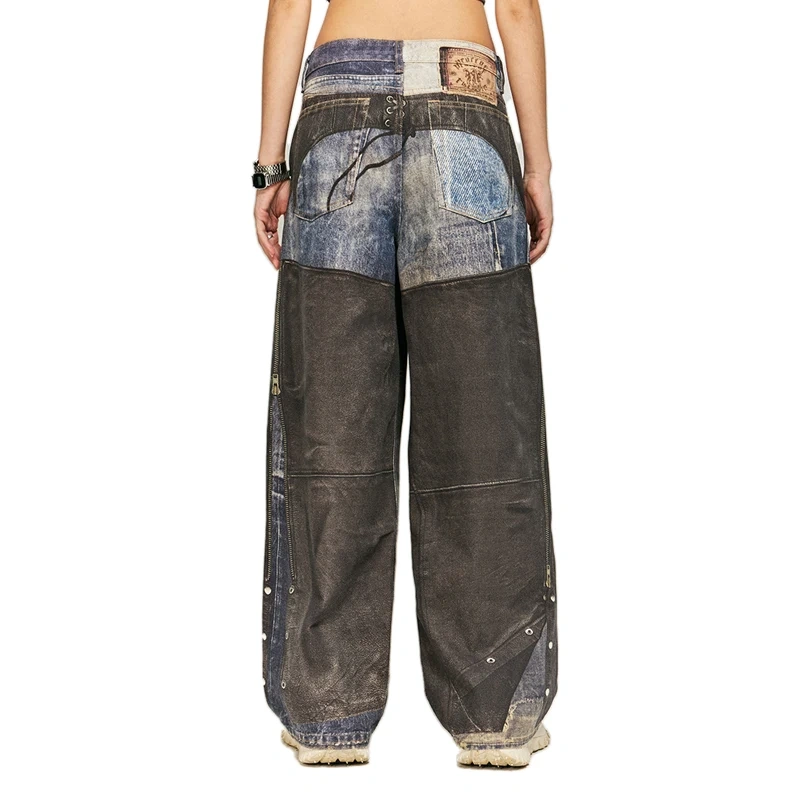 HEZ OEM&ODM wholesale cool transfer trompe l'oeil graphic digital printed denim jeans loose baggy denim wide leg jeans men
