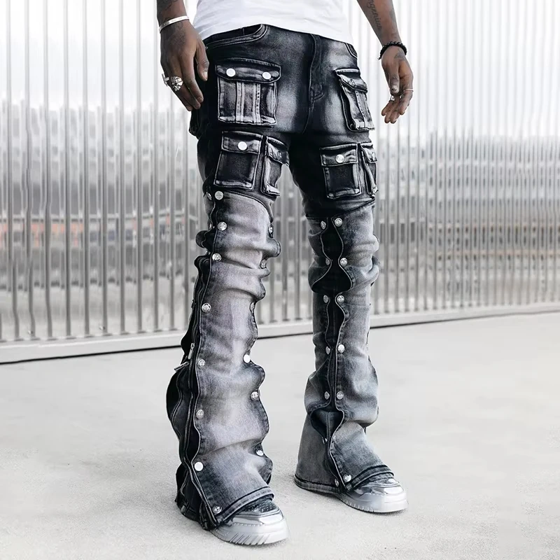 HEZ Custom Low MOQ Men’s Vintage Distressed Stacked Denim Flare Jeans