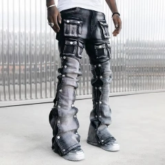 HEZ Custom Low MOQ Men’s Vintage Distressed Stacked Denim Flare Jeans