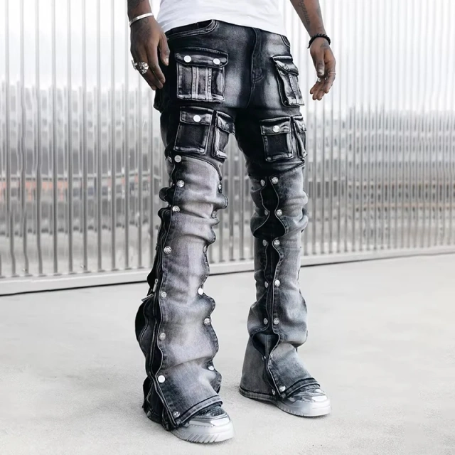 HEZ Custom Low MOQ Men’s Vintage Distressed Stacked Denim Flare Jeans