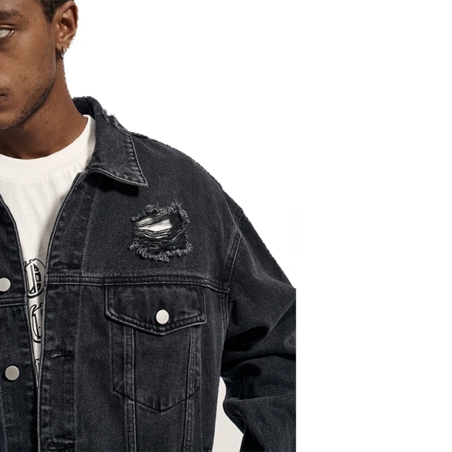 HEZ Fashion washed distressed destroy ripped vintage denim jacket custom jeans jacket men's black jackets
