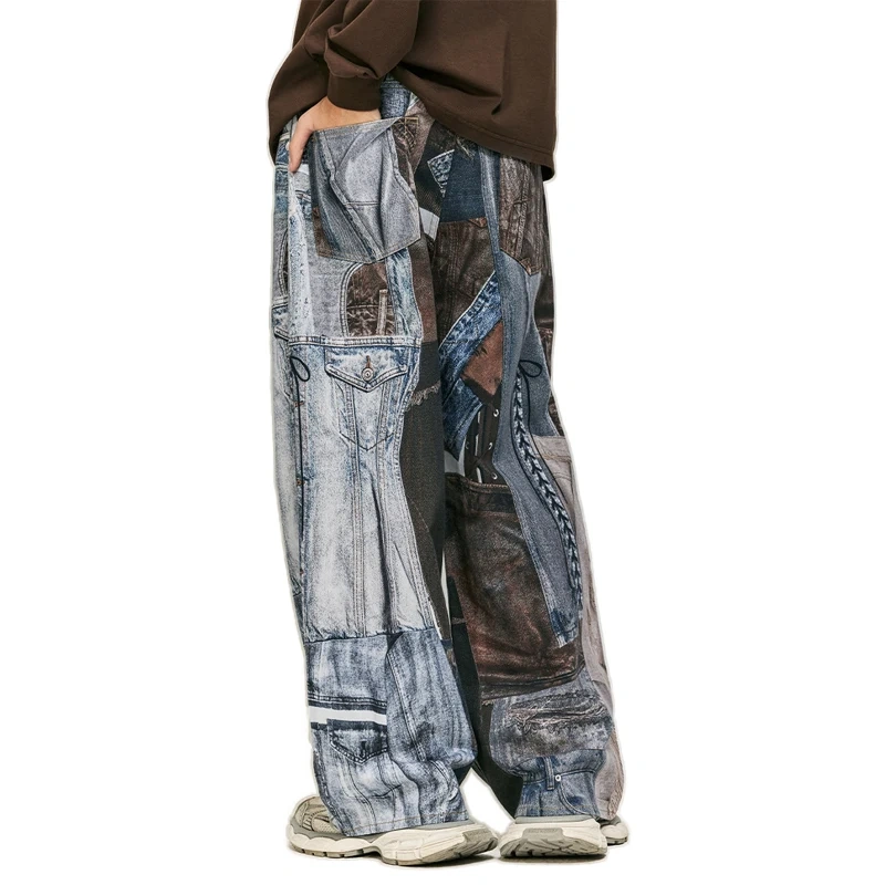 HEZ Custom Digital Print Patchwork Baggy Wide Leg Denim Jeans
