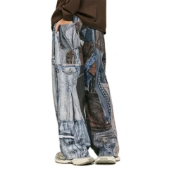 HEZ Custom Digital Print Patchwork Baggy Wide Leg Denim Jeans