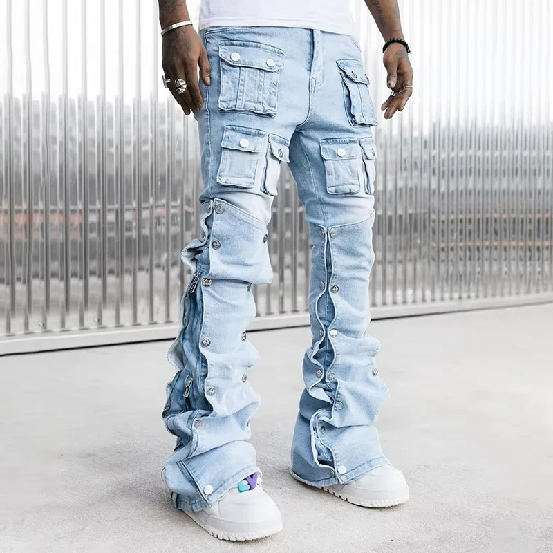 HEZ Custom Low MOQ Men’s Vintage Distressed Stacked Denim Flare Jeans