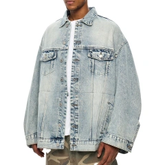 HEZ Wholesale Custom oversized Relaxed Fit Denim Jacket Cotton Stylish Hip Hop Streetwear Blue denim jeans jacket for men