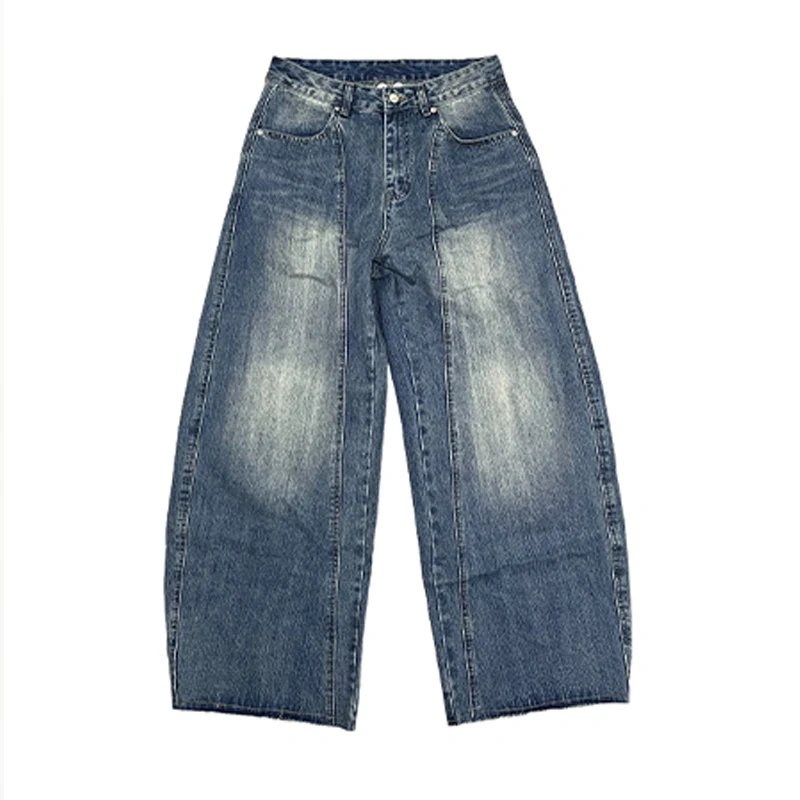 HEZ Customize plus size baggy women' jeans knife cut leg baggy denim jeans washed blue loose fit jeans for women