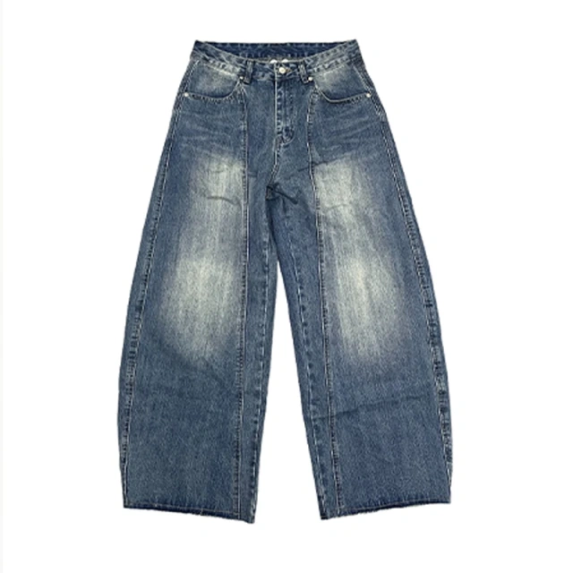 HEZ Customize plus size baggy women' jeans knife cut leg baggy denim jeans washed blue loose fit jeans for women