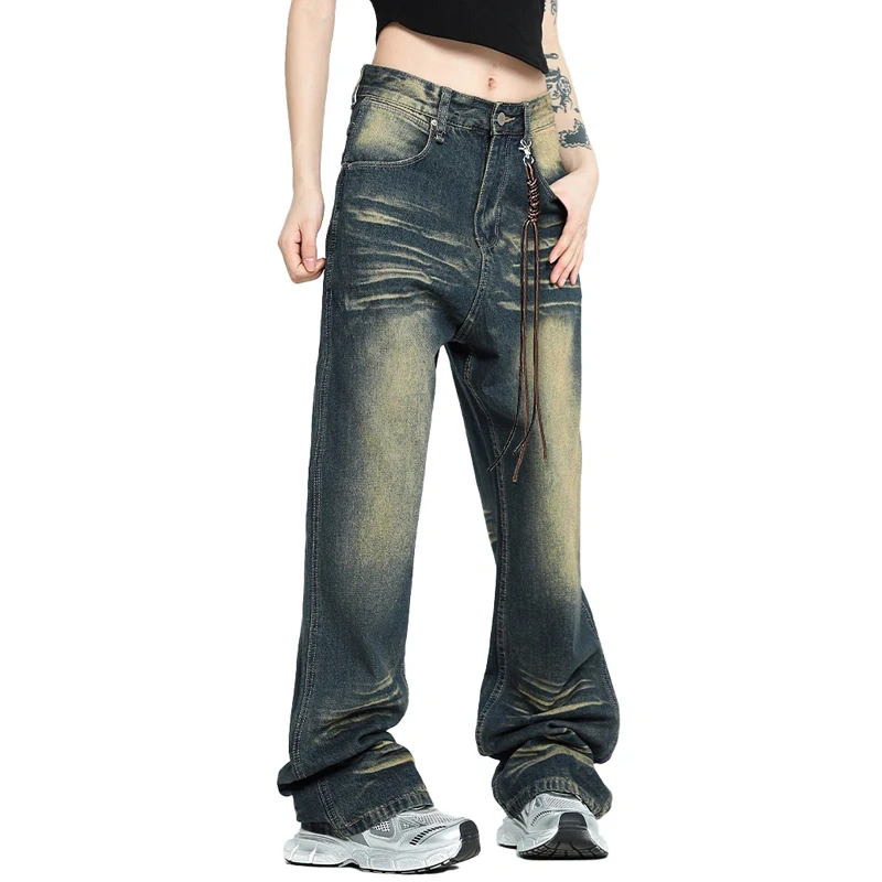 HEZ Hip Hop Custom Multi Pocket WIde Leg Cargo Jeans Loose Fit BoyFriend Style Baggy Women's Jeans Pants