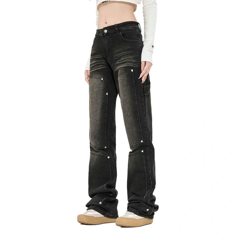 HEZ Custom Women Vintage Style Carpenter Cargo Denim Pants Boot Cut Straight Fit Double Knee Jean Trousers for Women