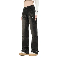 HEZ Custom Women Vintage Style Carpenter Cargo Denim Pants Boot Cut Straight Fit Double Knee Jean Trousers for Women