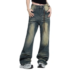 HEZ Hip Hop Custom Multi Pocket WIde Leg Cargo Jeans Loose Fit BoyFriend Style Baggy Women's Jeans Pants