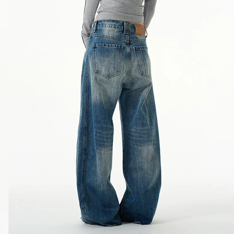HEZ Customize plus size baggy women' jeans knife cut leg baggy denim jeans washed blue loose fit jeans for women