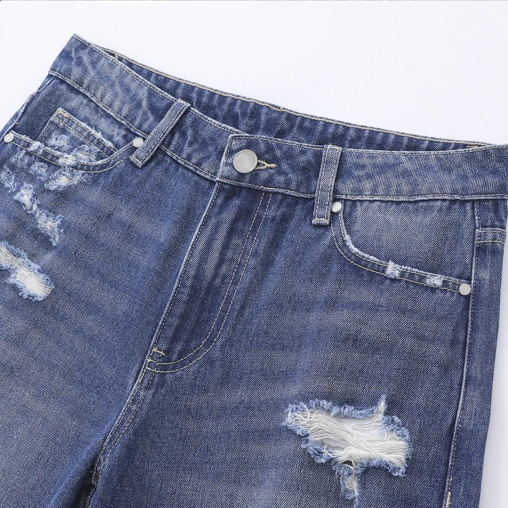 HEZ New arrival women fashion heavy distressed ripped holes jeans denim vintage loose fit straight leg jeans for ladies