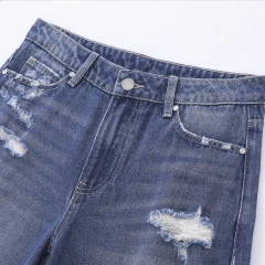 HEZ New arrival women fashion heavy distressed ripped holes jeans denim vintage loose fit straight leg jeans for ladies