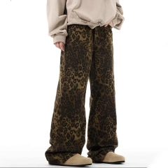HEZ Fashion 2024 Vintage Leopard Print Leisure Mop Trousers Jeans Custom Logo Loose Baggy Jeans for Women