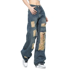 HEZ American style blue washed damaged rip holes denim jeans women loose straight fit baggy jeans ladies pants trouser