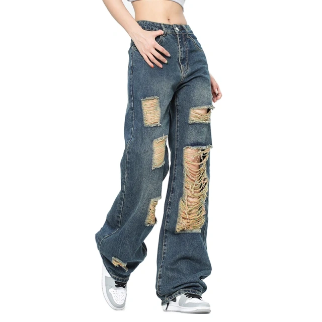 HEZ American style blue washed damaged rip holes denim jeans women loose straight fit baggy jeans ladies pants trouser