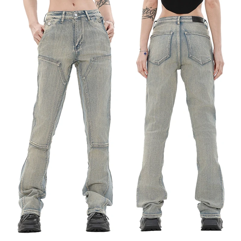 HEZ Garment manufacture Women's plain blank Vintage streetwear boot cut denim pants Straight fit flare leg jeans