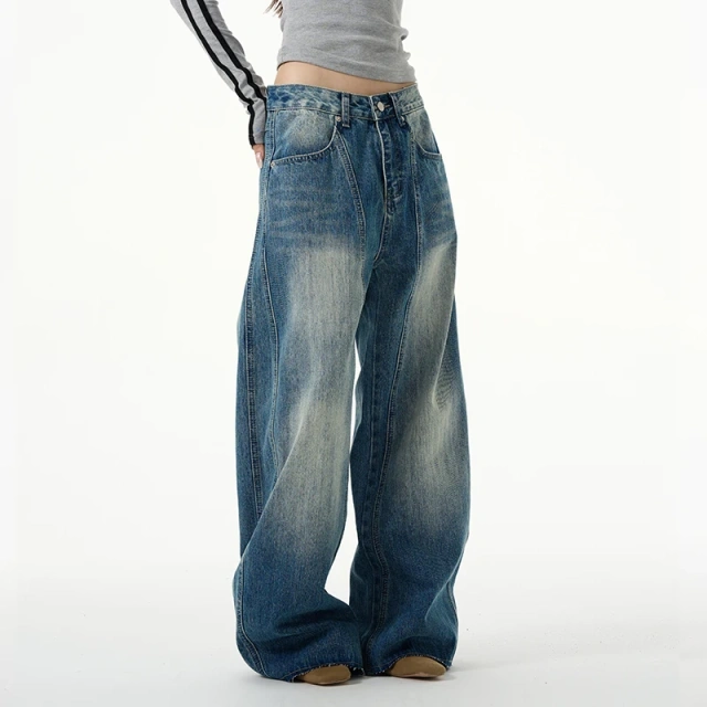HEZ Customize plus size baggy women' jeans knife cut leg baggy denim jeans washed blue loose fit jeans for women