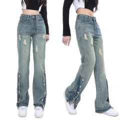 HEZ New Fashion High Waist Long Pants Women Distressed Straight Fit Denim Jeans Women Denim Ladies Boyfriend Jeans