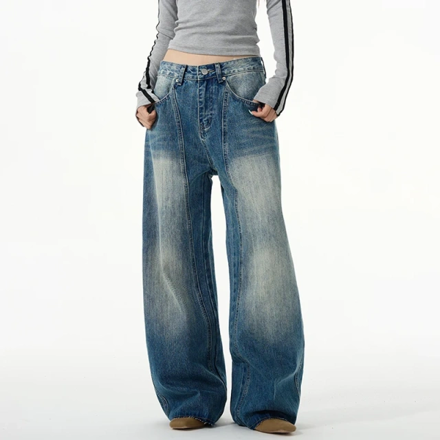 HEZ Customize plus size baggy women' jeans knife cut leg baggy denim jeans washed blue loose fit jeans for women