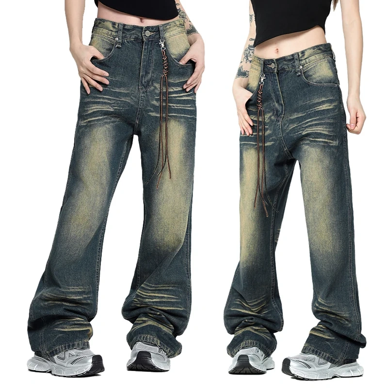 HEZ Hip Hop Custom Multi Pocket WIde Leg Cargo Jeans Loose Fit BoyFriend Style Baggy Women's Jeans Pants