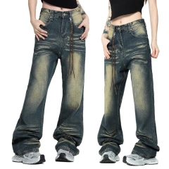 HEZ Hip Hop Custom Multi Pocket WIde Leg Cargo Jeans Loose Fit BoyFriend Style Baggy Women's Jeans Pants
