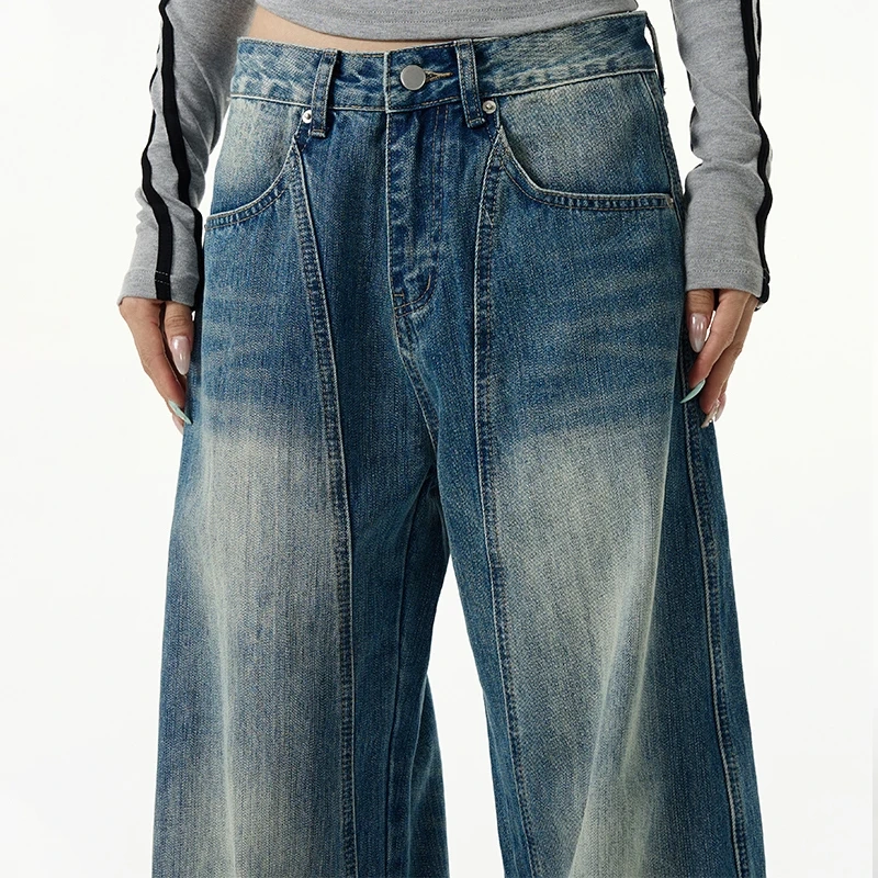 HEZ Customize plus size baggy women' jeans knife cut leg baggy denim jeans washed blue loose fit jeans for women