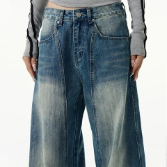 HEZ Customize plus size baggy women' jeans knife cut leg baggy denim jeans washed blue loose fit jeans for women