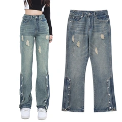 HEZ New Fashion High Waist Long Pants Women Distressed Straight Fit Denim Jeans Women Denim Ladies Boyfriend Jeans