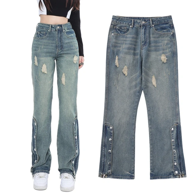 HEZ New Fashion High Waist Long Pants Women Distressed Straight Fit Denim Jeans Women Denim Ladies Boyfriend Jeans