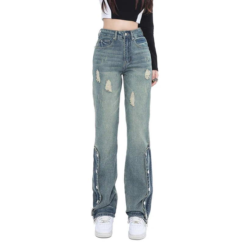 HEZ New Fashion High Waist Long Pants Women Distressed Straight Fit Denim Jeans Women Denim Ladies Boyfriend Jeans