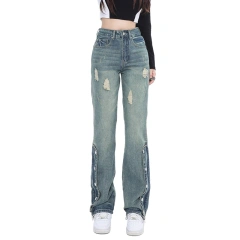HEZ New Fashion High Waist Long Pants Women Distressed Straight Fit Denim Jeans Women Denim Ladies Boyfriend Jeans
