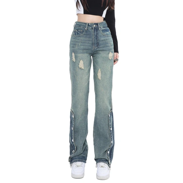 HEZ New Fashion High Waist Long Pants Women Distressed Straight Fit Denim Jeans Women Denim Ladies Boyfriend Jeans