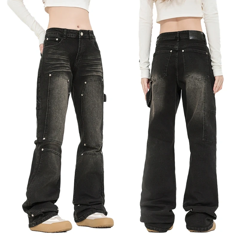 HEZ Custom Women Vintage Style Carpenter Cargo Denim Pants Boot Cut Straight Fit Double Knee Jean Trousers for Women