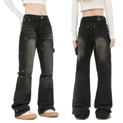HEZ Custom Women Vintage Style Carpenter Cargo Denim Pants Boot Cut Straight Fit Double Knee Jean Trousers for Women
